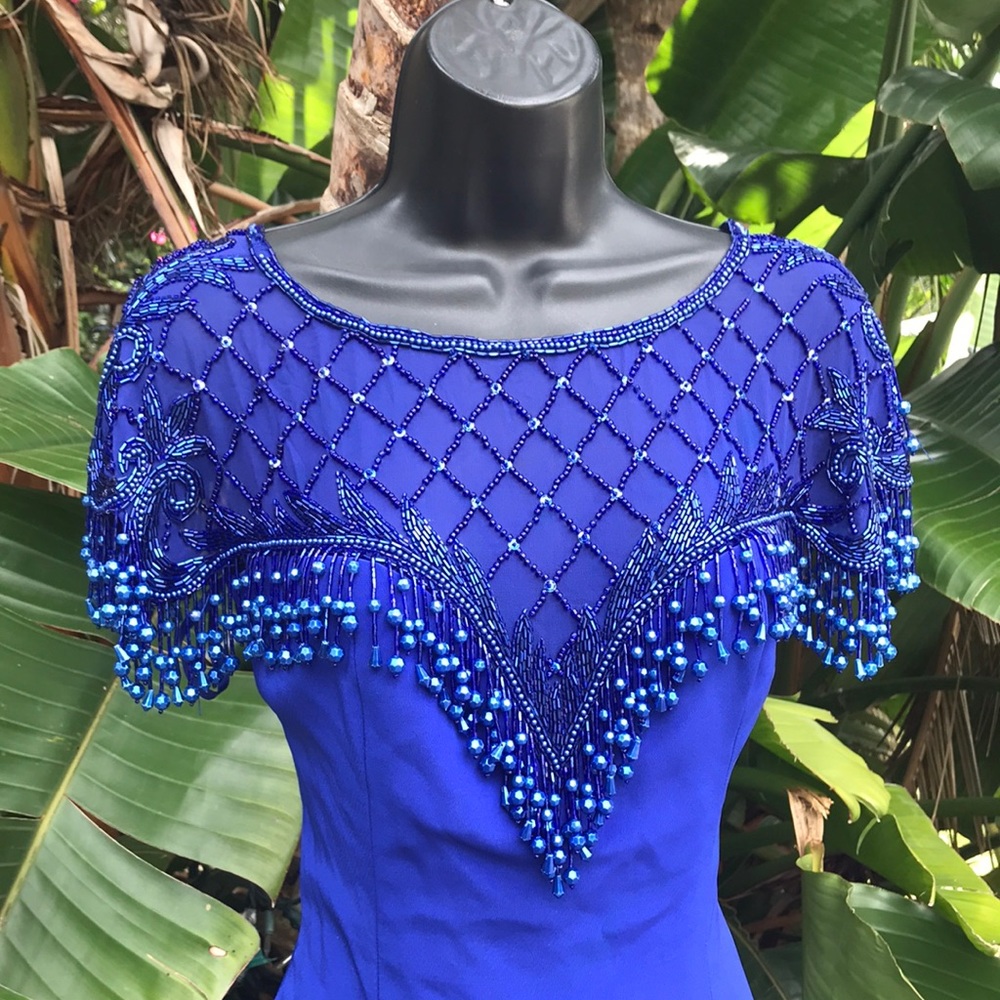 Oleg Cassini black tie beaded cobalt dress with beaded fringe